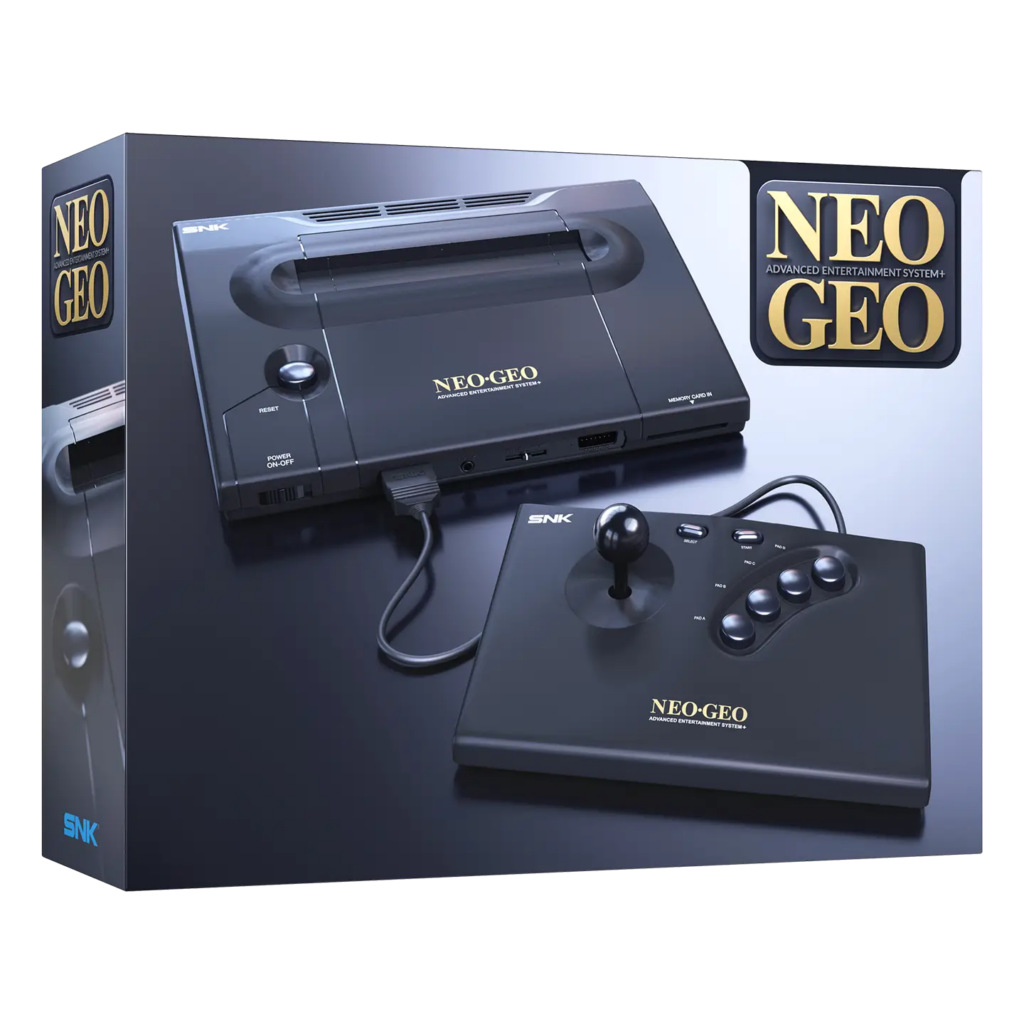 NEOGEO AES+ console with wired arcade stick and retail box