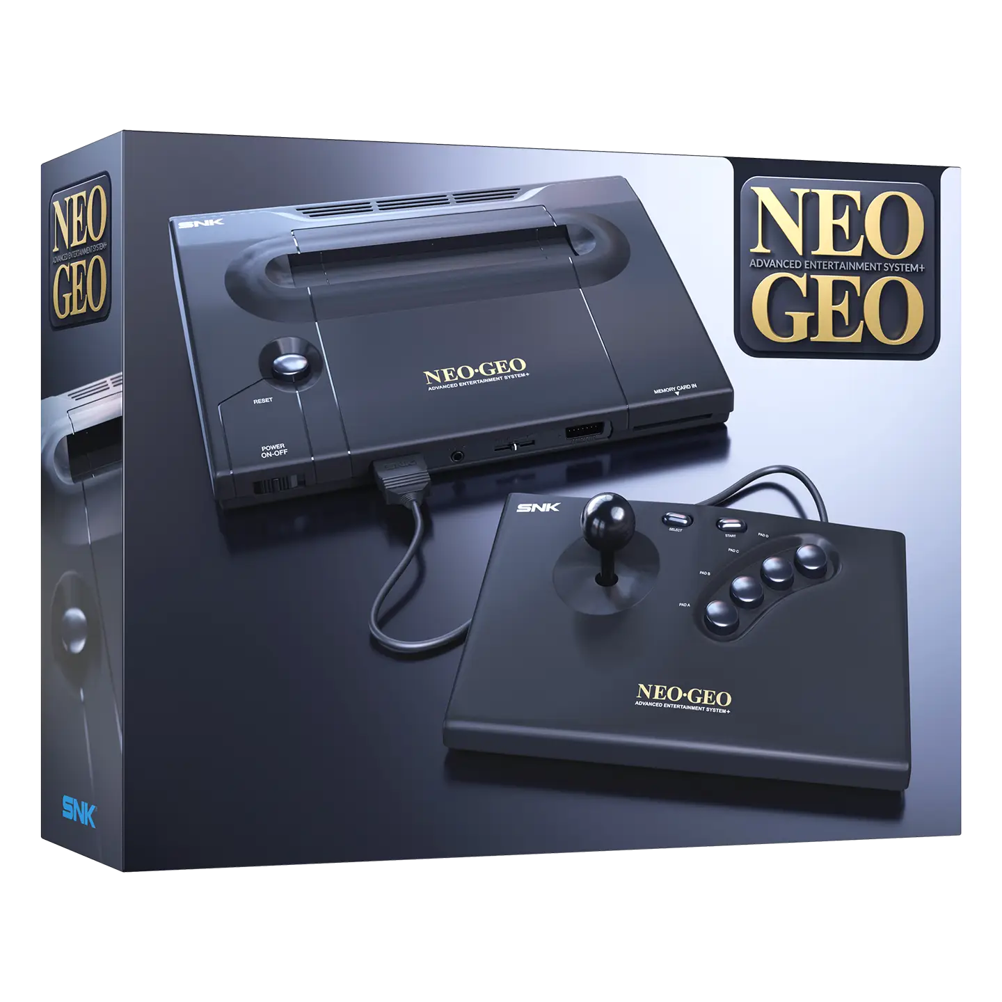 NEOGEO AES+ console with wired arcade stick and retail box