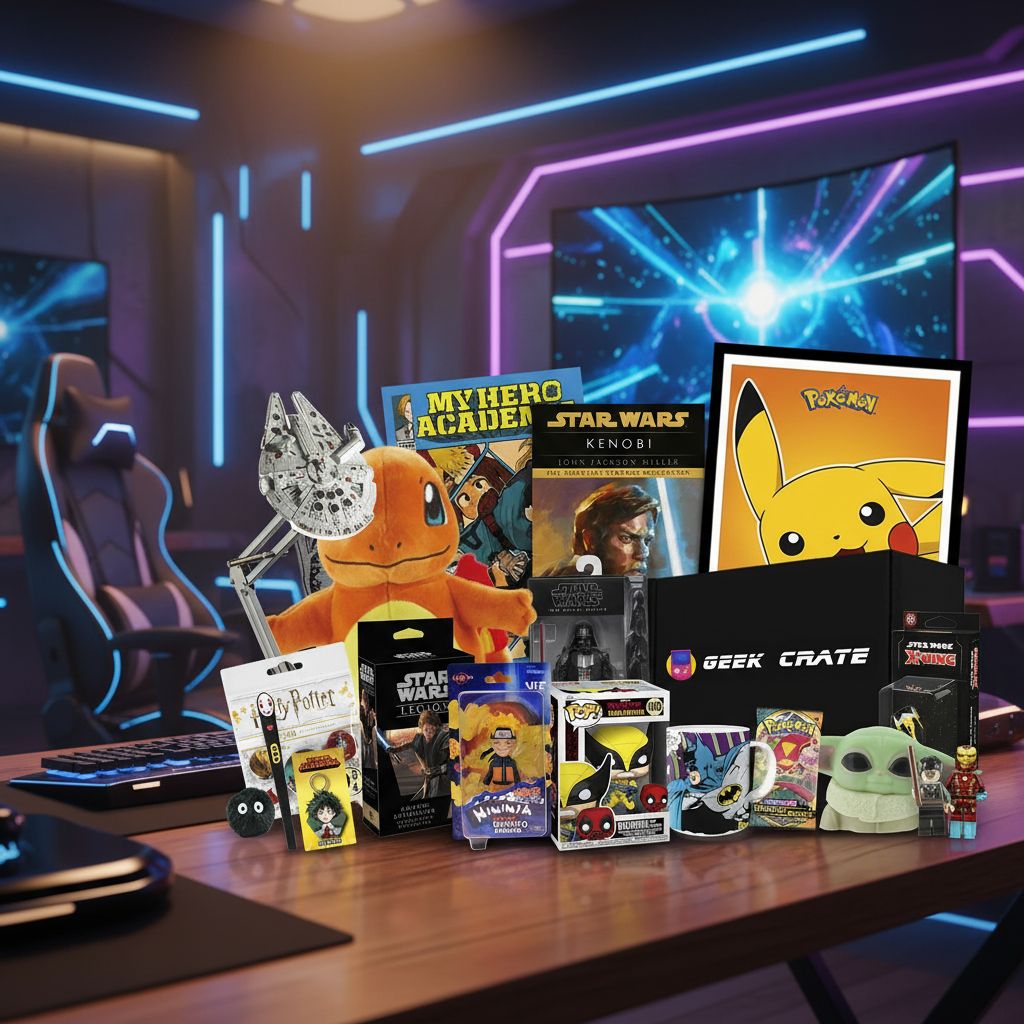 Geek Crate gaming and pop culture collectibles in a mystery box display