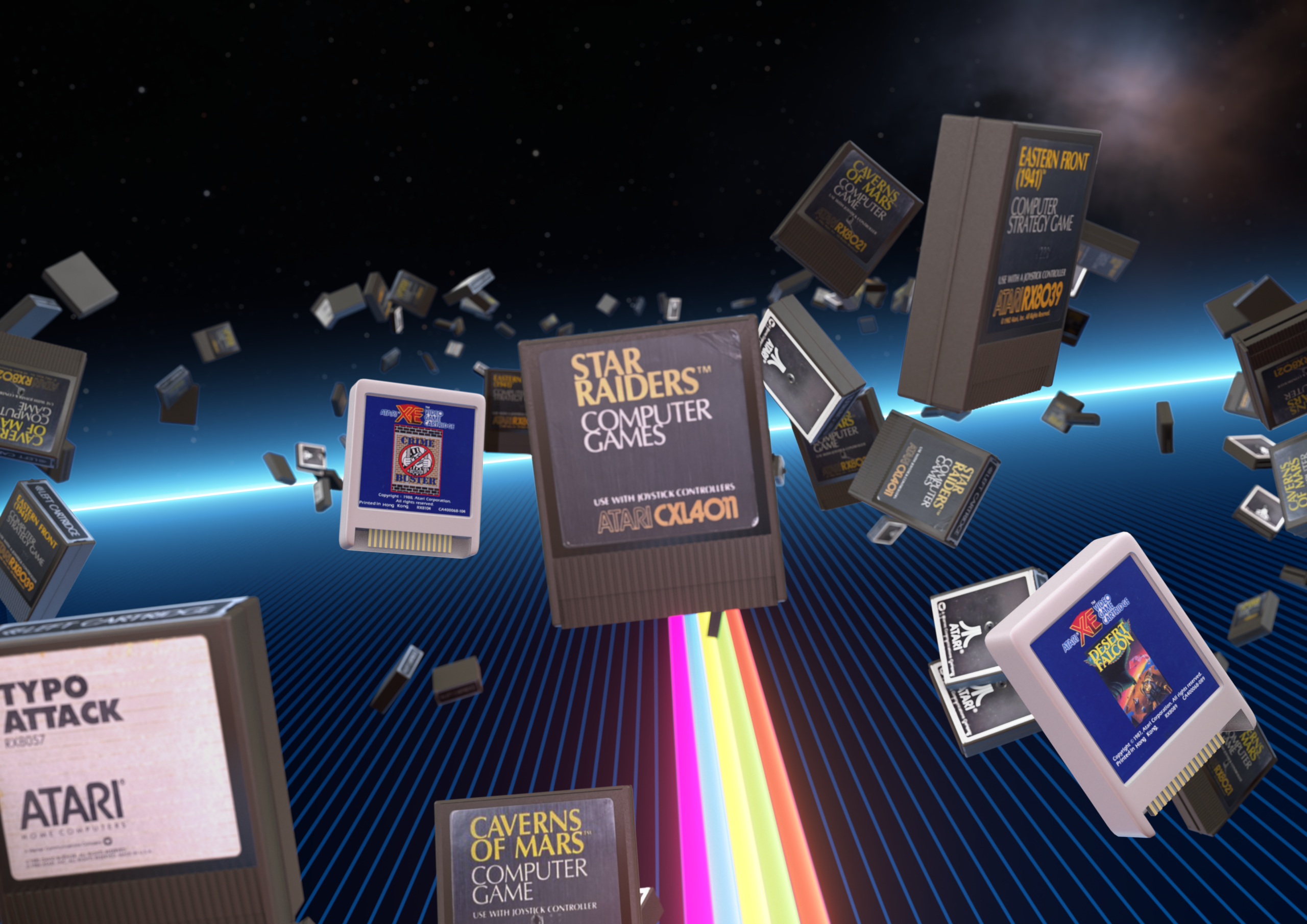 Atari cartridges floating above a neon retro grid