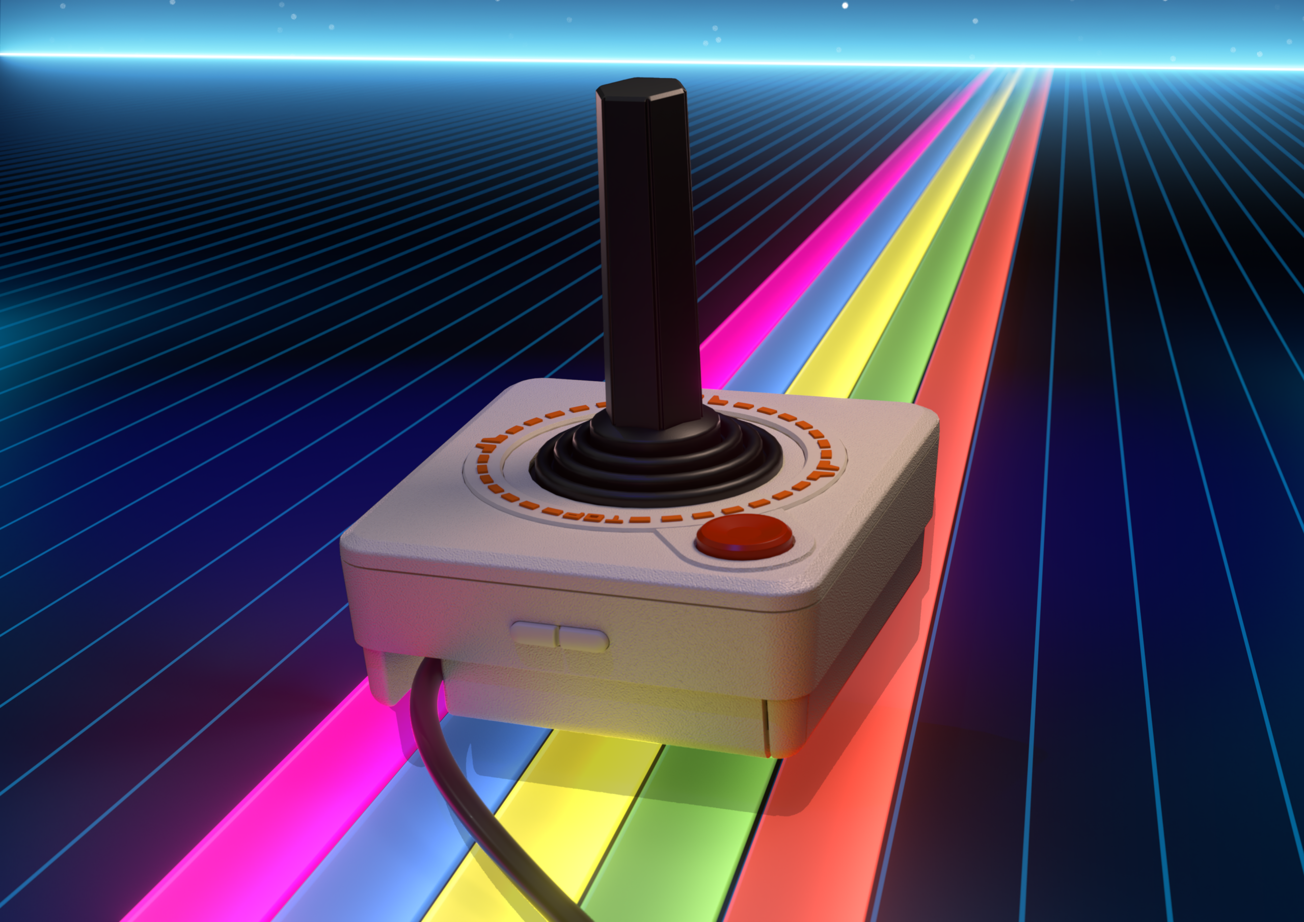 THECXSTICK Atari-style joystick on a colourful neon grid