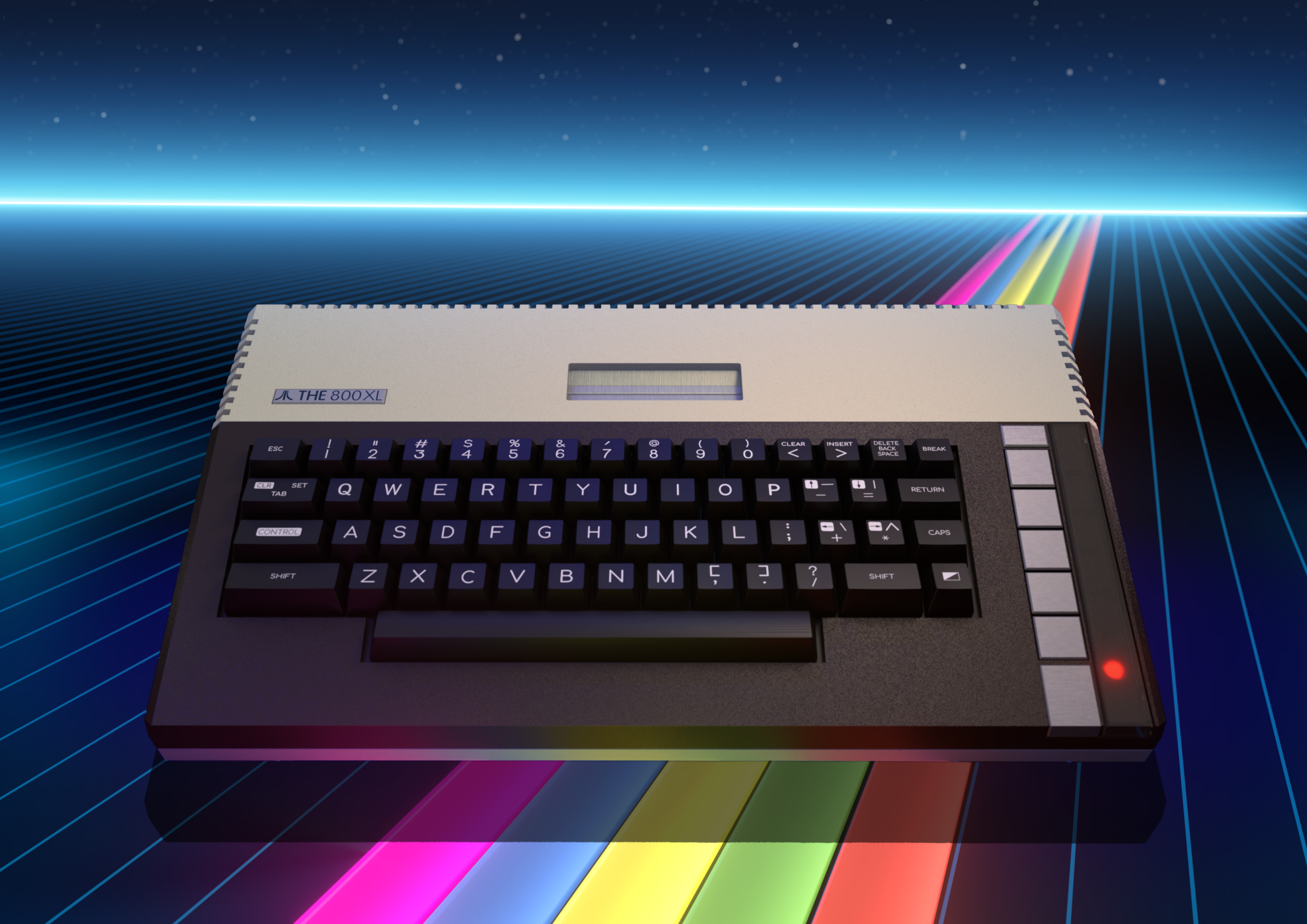 THE 800XL home computer on a neon retro background